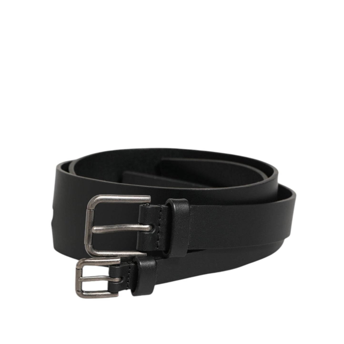 Dolce & Gabbana Black Double Strap Leather Buckle Men Belt featuring two sleek black straps and polished metal buckles.