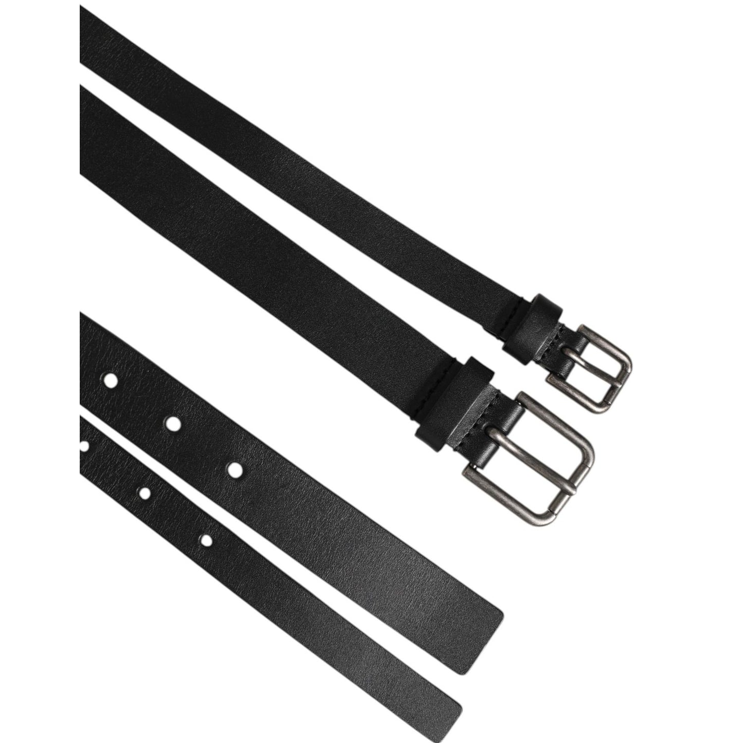 Dolce & Gabbana Black Double Strap Leather Buckle Men Belt with textured calfskin and polished buckles.