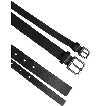 Dolce & Gabbana Black Double Strap Leather Buckle Men Belt with textured calfskin and polished buckles.