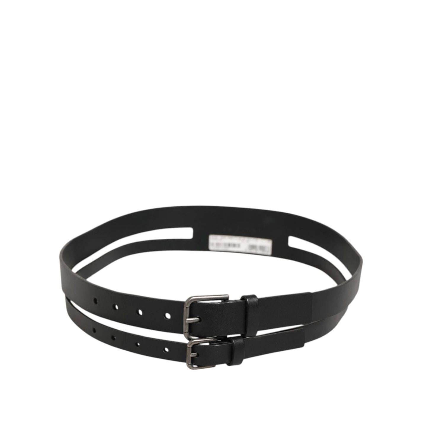 Dolce & Gabbana Black Double Strap Leather Buckle Men Belt crafted from calfskin, showcasing Italian craftsmanship and fashion design.