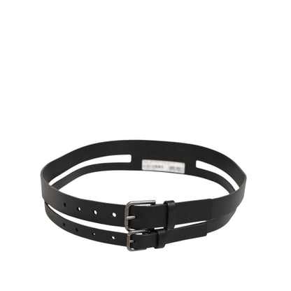 Dolce & Gabbana Black Double Strap Leather Buckle Men Belt crafted from calfskin, showcasing Italian craftsmanship and fashion design.