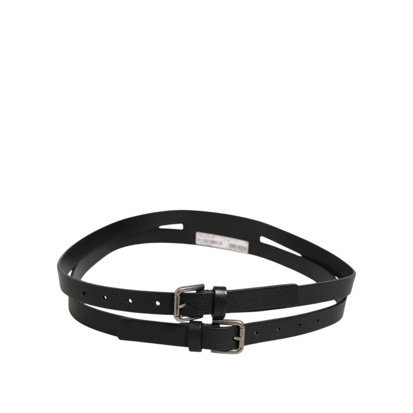 Dolce & Gabbana Black Double Strap Leather Gold Buckle Belt with textured calfskin and sleek design.