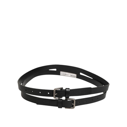 Dolce & Gabbana Black Double Strap Leather Gold Buckle Belt with textured calfskin and sleek design.
