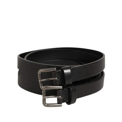 Dolce & Gabbana Black Double Strap Leather Silver Buckle Belt with textured calfskin and fine stitching.
