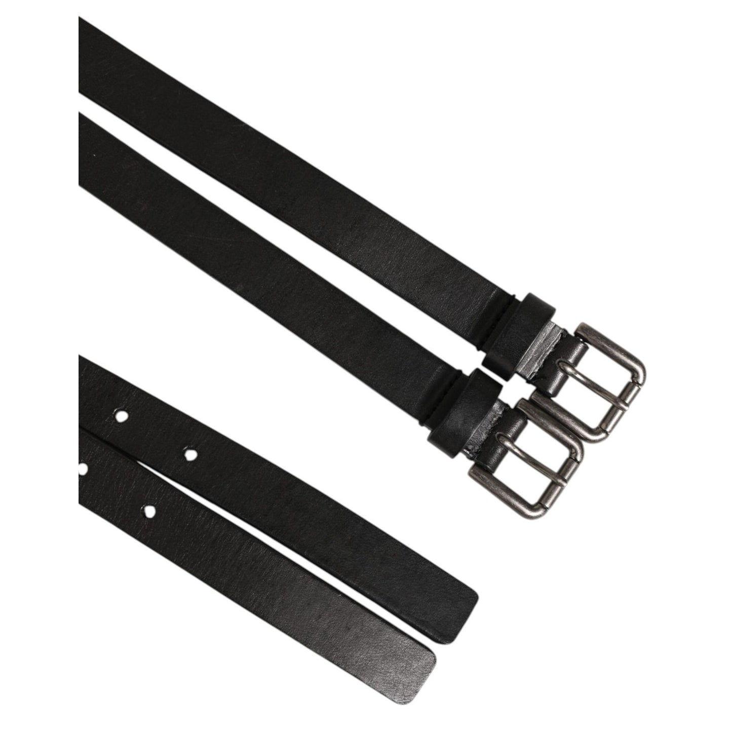 Dolce & Gabbana Black Double Strap Leather Silver Buckle Belt in calfskin with dual straps and polished silver buckles