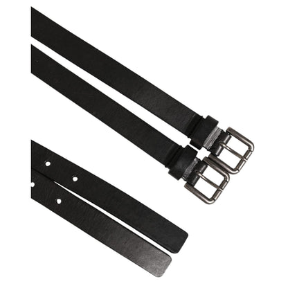 Dolce & Gabbana Black Double Strap Leather Silver Buckle Belt in calfskin with dual straps and polished silver buckles