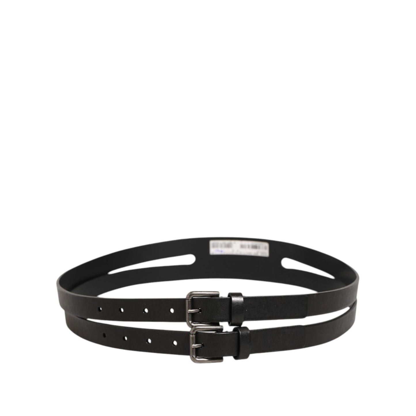 Dolce & Gabbana Black Double Strap Leather Silver Buckle Belt featuring sleek polished calfskin leather with fine stitching.