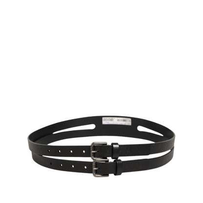 Dolce & Gabbana Black Double Strap Leather Silver Buckle Belt featuring sleek polished calfskin leather with fine stitching.