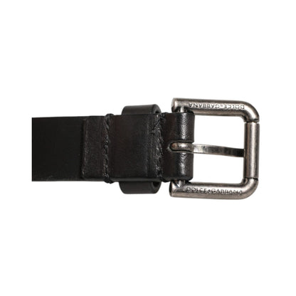 Dolce & Gabbana Black Double Strap Leather Silver Buckle Belt featuring sleek calfskin and fine stitching.