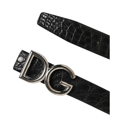Dolce & Gabbana Black Exotic Leather DG Logo Buckle Belt in black caiman leather with silver DG logo buckle, sleek and versatile design.