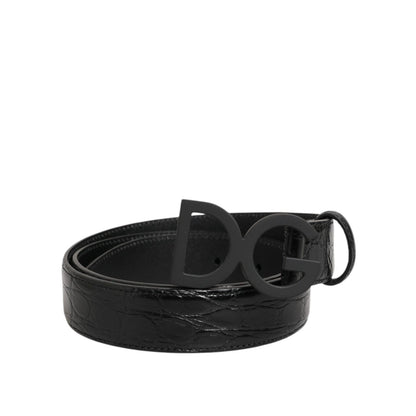 Dolce & Gabbana Black Exotic Leather Metal Logo Buckle Belt crafted from genuine crocodile leather