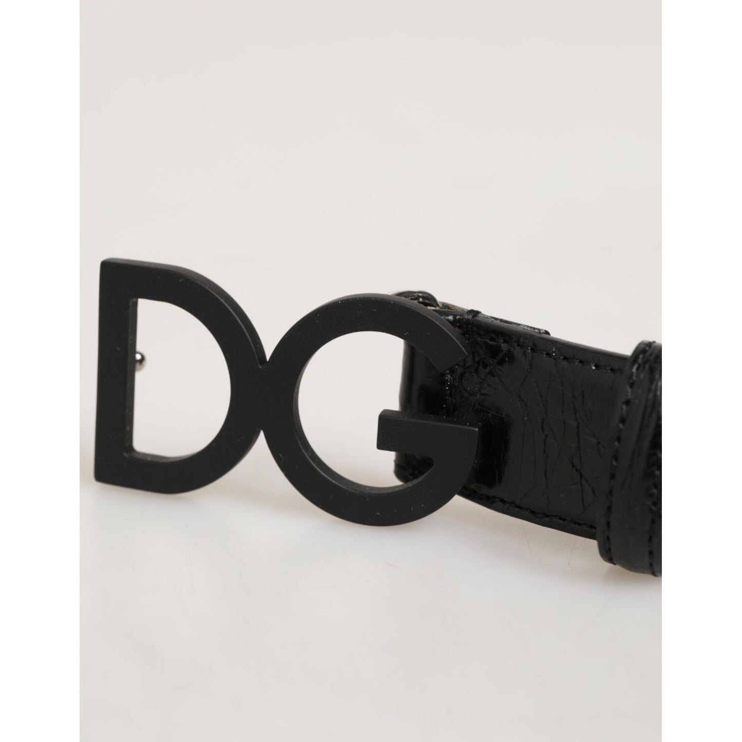 Dolce & Gabbana Black Exotic Leather Metal Logo Buckle Belt with iconic DG logo on genuine crocodile leather.