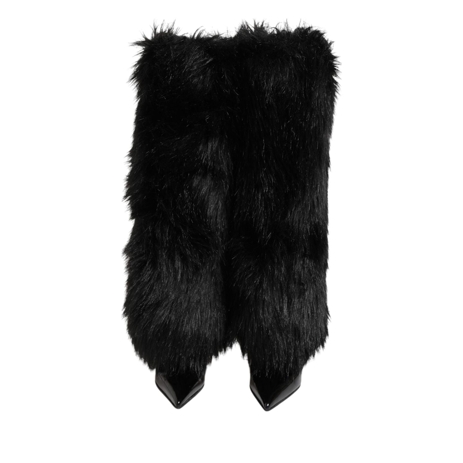 Dolce & Gabbana Black Faux Fur Pointed Knee High Stiletto Boots Shoes