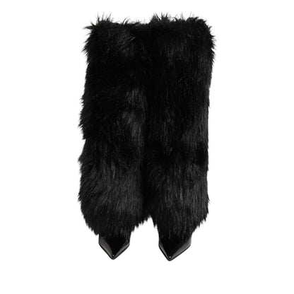 Dolce & Gabbana Black Faux Fur Pointed Knee High Stiletto Boots Shoes