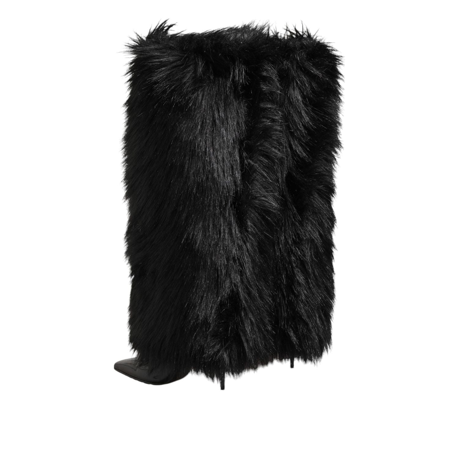 Dolce & Gabbana Black Faux Fur Pointed Knee High Stiletto Boots Shoes