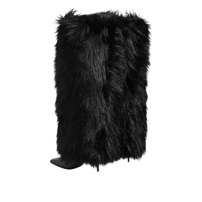 Dolce & Gabbana Black Faux Fur Pointed Knee High Stiletto Boots Shoes
