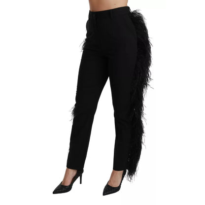 Dolce & Gabbana Black Feather Straight High Waist Pants