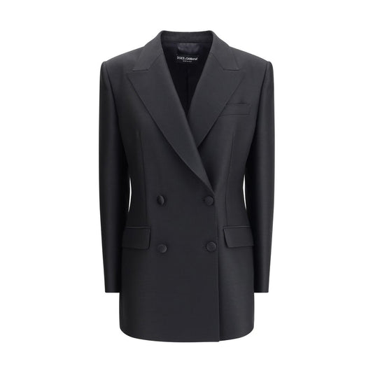 Dolce & Gabbana Black Fleece Wool Blazer with peaked lapels, double-breasted design, and four-button closure for elegant style.