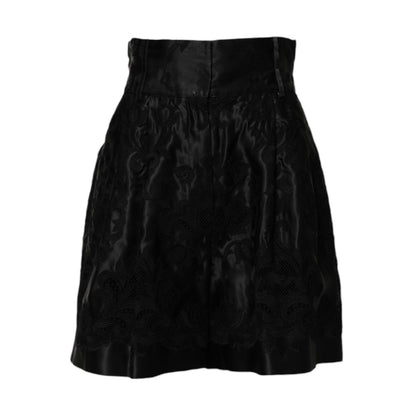 Dolce & Gabbana Black Floral Embroidery Silk High Waist Shorts