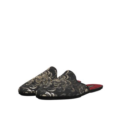 Dolce & Gabbana Black Floral Jacquard Slides Slippers Shoes, luxurious design, slip-on comfort, flat sole, perfect for casual elegance