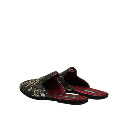Dolce & Gabbana Black Floral Jacquard Slides Slippers Shoes with luxurious jacquard design and comfortable slip-on style.