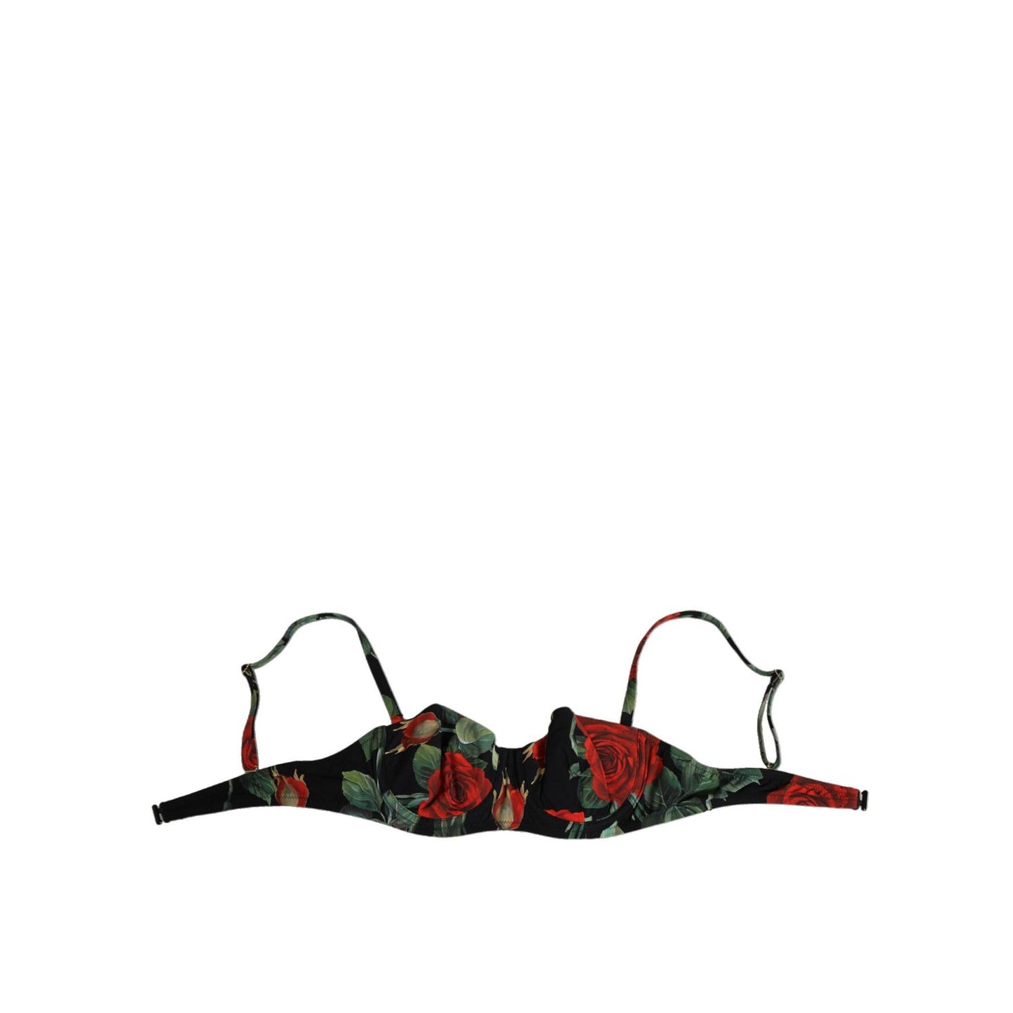 Dolce & Gabbana Black Floral Nylon Padded Balconnet Bra Underwear with red rose pattern.