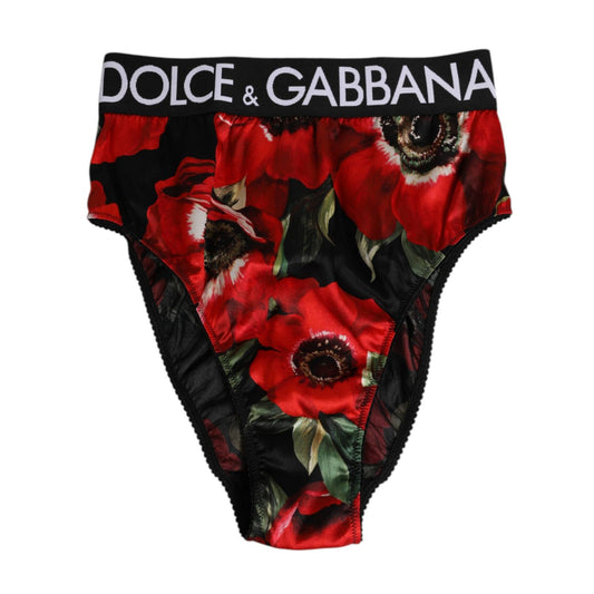 Dolce & Gabbana Black Floral Print High Waist Panty Underwear, featuring a vibrant floral design and elegant branding.