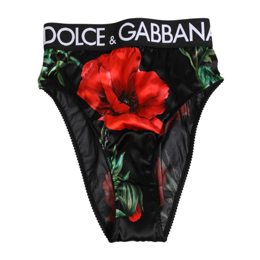 Dolce & Gabbana Black Floral Silk High Waist Panty Underwear with red floral design and brand logo waistband, Made in Italy.