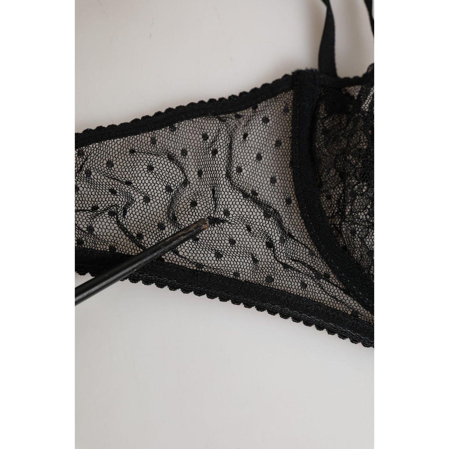 Close-up of Dolce & Gabbana Black Floral Underwired Balconette Bra Underwear mesh detailing with lace accents and black trim.