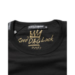 Dolce & Gabbana Black Goodluck 2021 Cotton Crew Neck T-shirt with gold graphic print and logo details, made in Italy, 100% cotton.