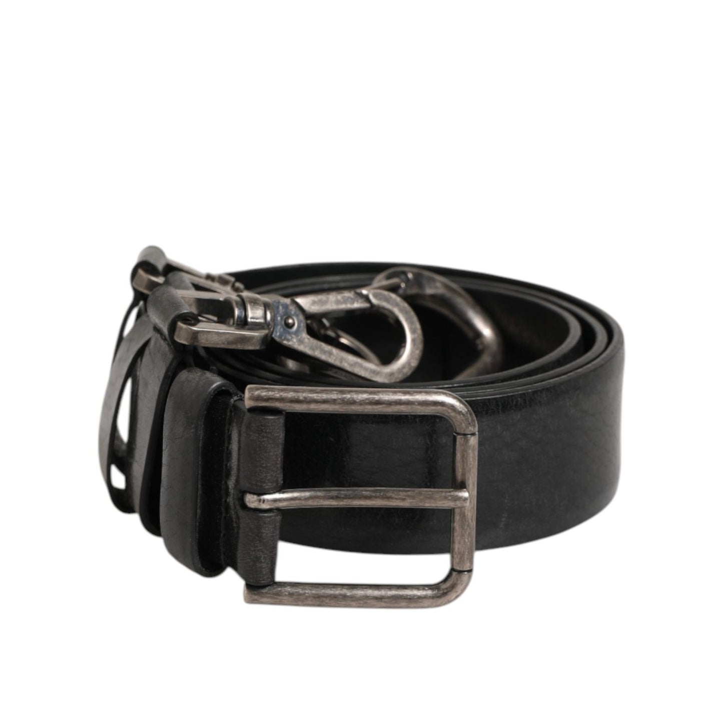 Dolce & Gabbana Black Key Ring Clip Attachments Buckle Belt with silver-tone hardware