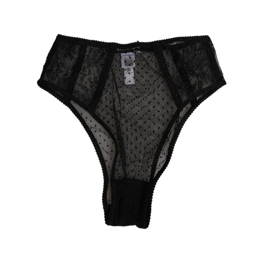 Dolce & Gabbana Black Lace Polka Dot Mesh High Waist Underwear, sheer design with lace accents, sophisticated and elegant.