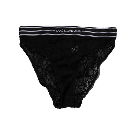 Dolce & Gabbana Black Lace Slip Brief Logo Waistband Underwear featuring elegant sheer design and soft logo waistband.