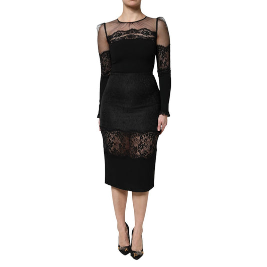Dolce & Gabbana Black Lace Trim Nylon Tulle SheathMidi Dress, elegant black sheath silhouette with intricate lace detailing for special occasions.