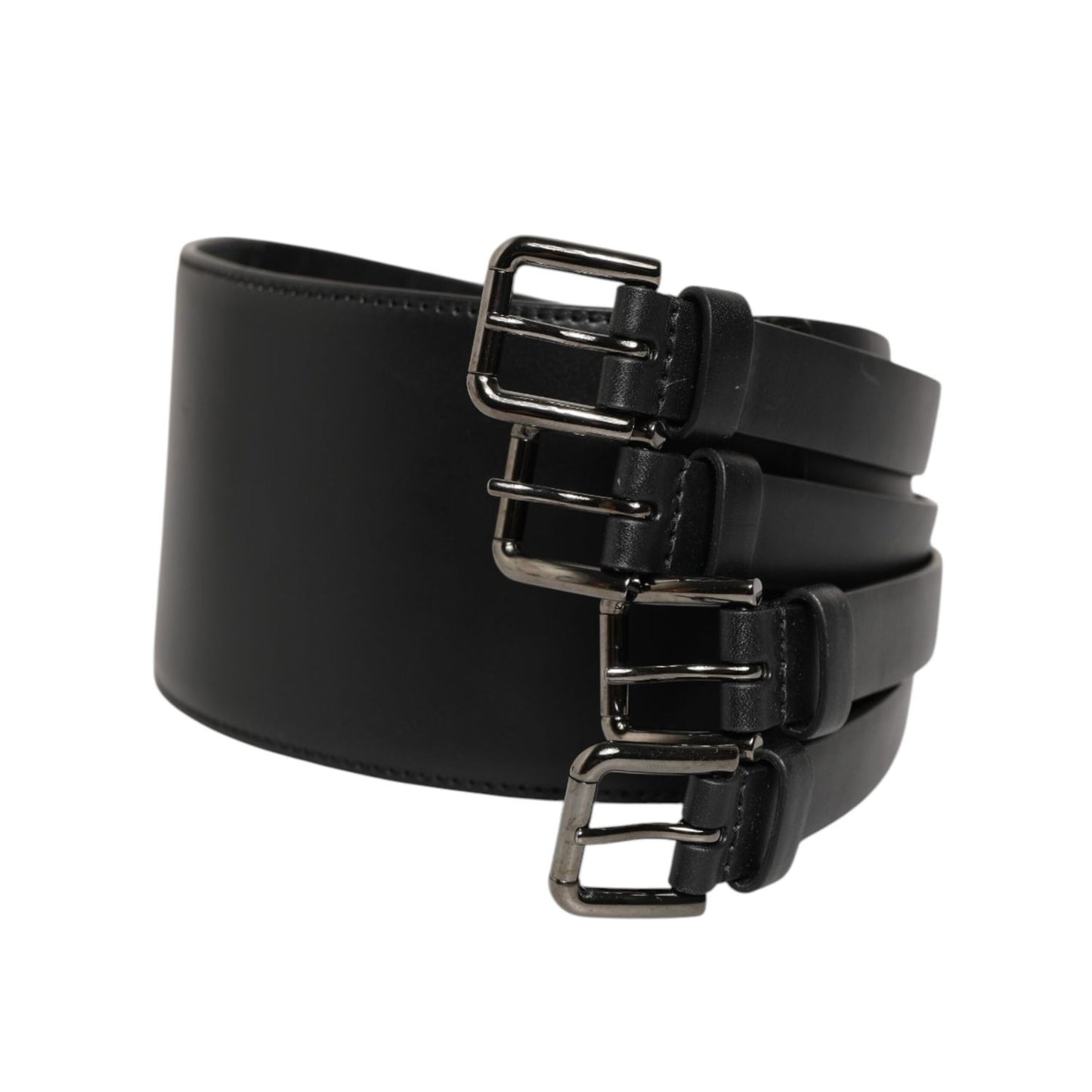 Dolce & Gabbana Black Leather 4-Strap Metal Multi-Buckle Belt with silver-tone buckles