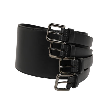 Dolce & Gabbana Black Leather 4-Strap Metal Multi-Buckle Belt with silver-tone buckles