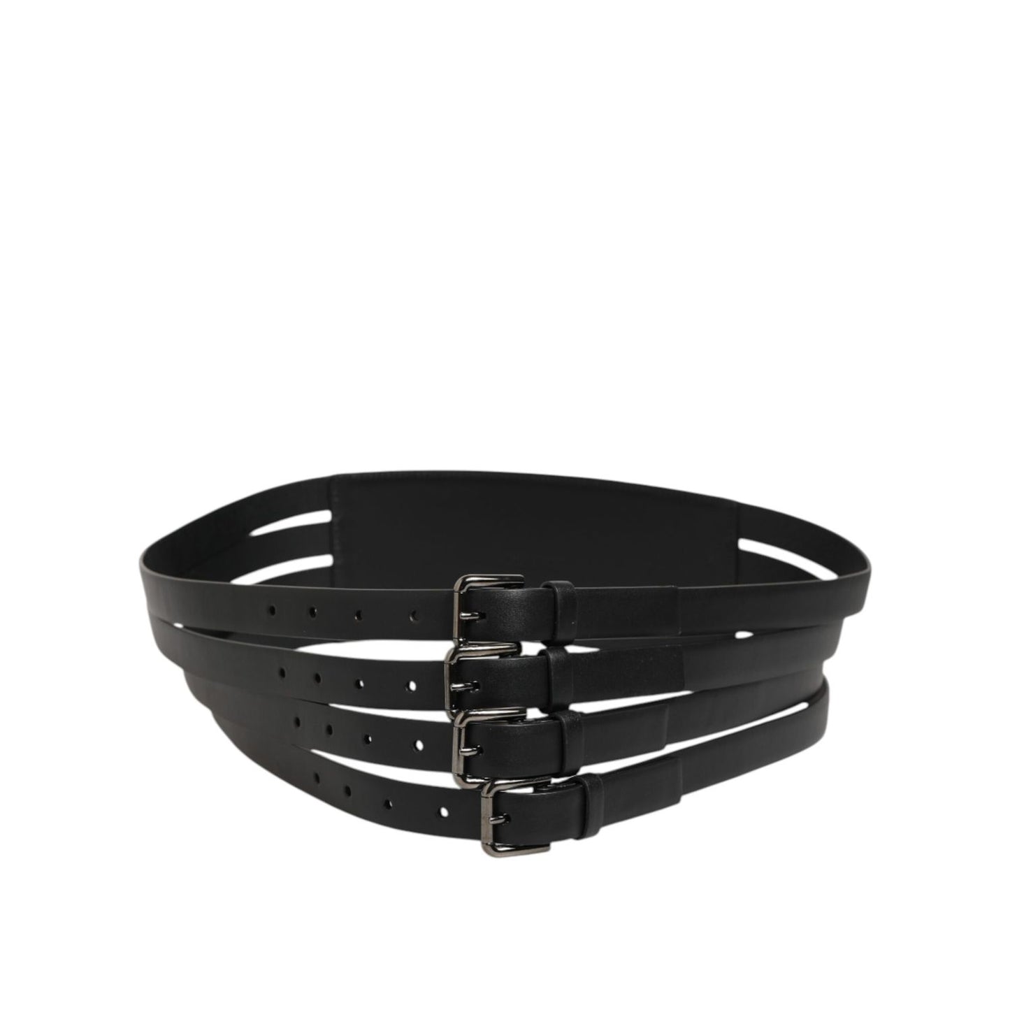 Dolce & Gabbana Black Leather 4-Strap Metal Multi-Buckle Belt with silver-tone buckles, perfect for a bold fashion statement.