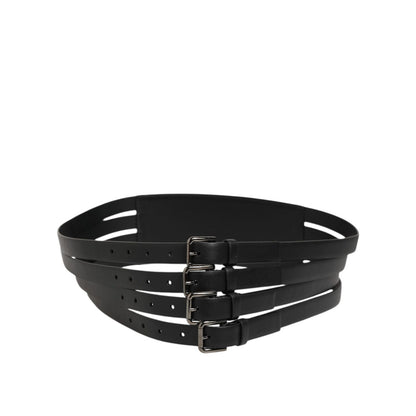 Dolce & Gabbana Black Leather 4-Strap Metal Multi-Buckle Belt with silver-tone buckles, perfect for a bold fashion statement.