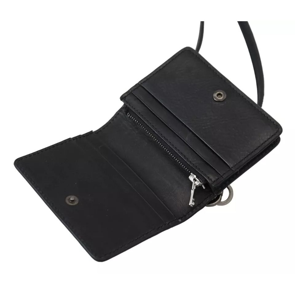 Open Dolce & Gabbana Black Leather Bifold Shoulder Sling Women Wallet with visible interior compartments and silver zipper details.