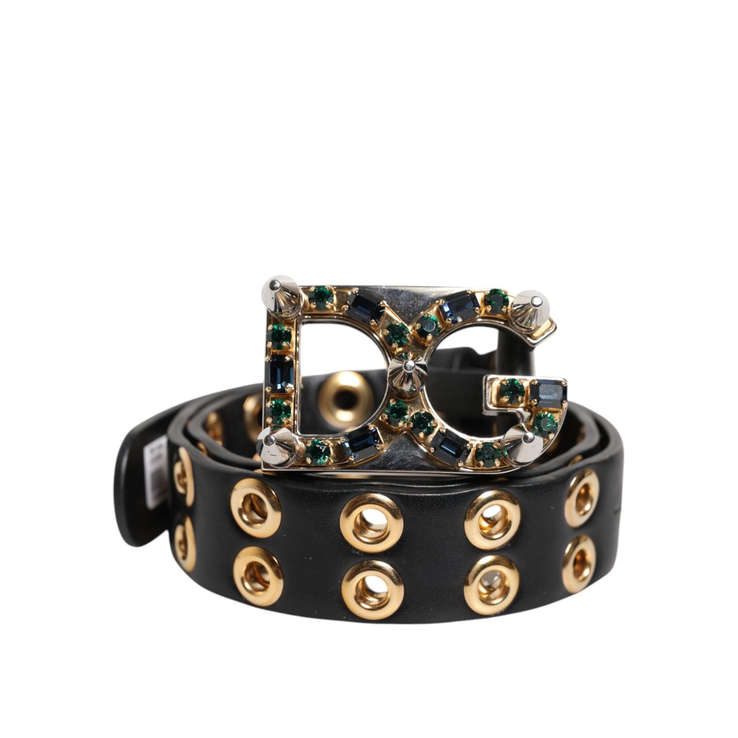 Dolce & Gabbana Black Leather Eyelet Crystal DG Buckle Belt
