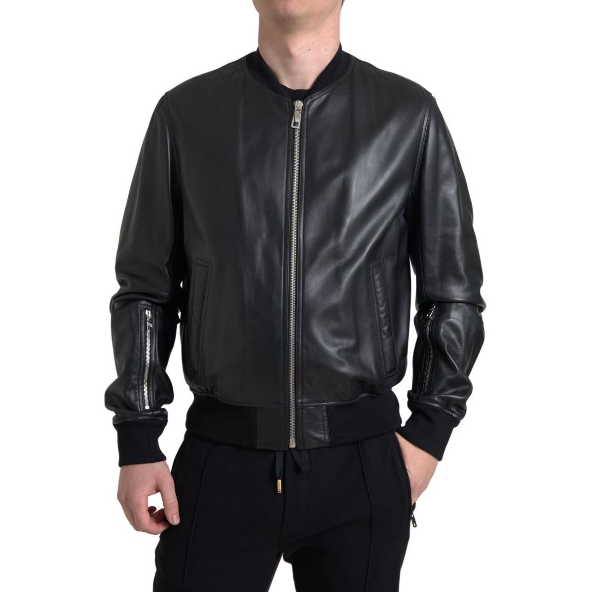 Dolce & Gabbana Black Leather Full Zip Bomber Men Jacket