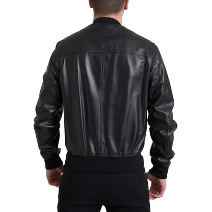 Dolce & Gabbana Black Leather Full Zip Bomber Men Jacket
