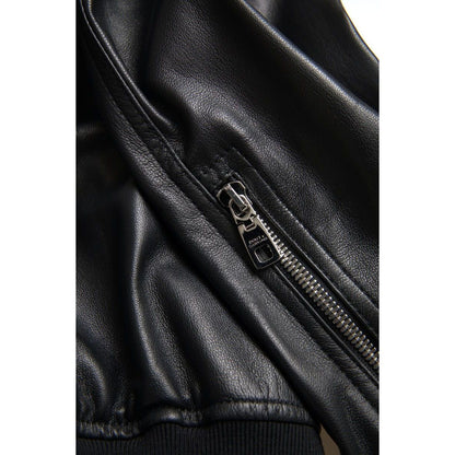 Dolce & Gabbana Black Leather Full Zip Bomber Men Jacket
