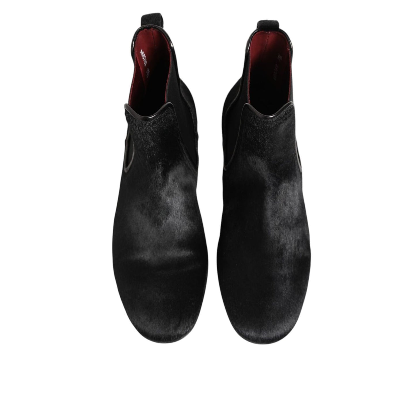 Top view of Dolce & Gabbana Black Leather Fur Men CHELSEA Boots Shoes with plush fur lining and classic design.
