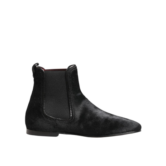 Dolce & Gabbana Black Leather Fur Men CHELSEA Boots Shoes side view