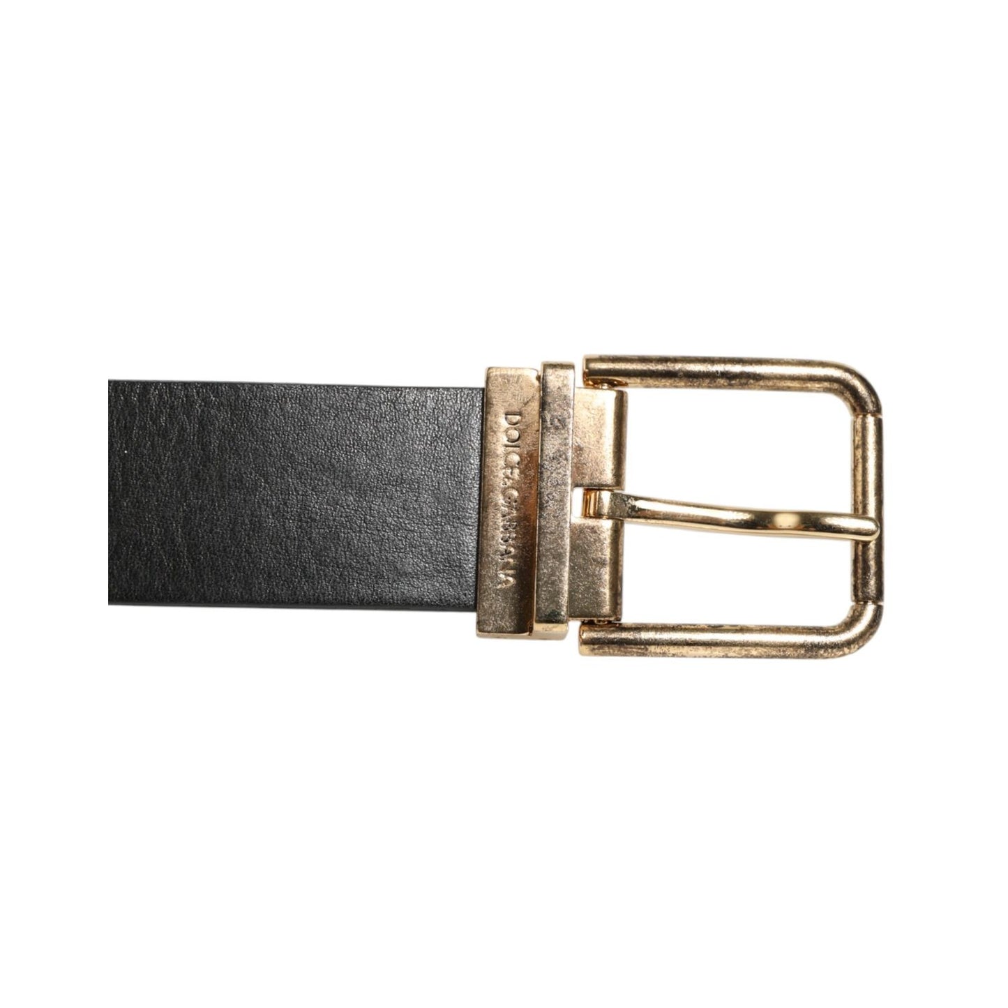 Dolce & Gabbana Black Leather Gold Silver Coin Buckle Belt with classical motif medallions and opulent design, top view.
