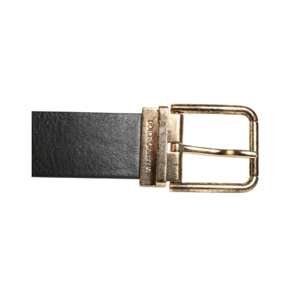 Dolce & Gabbana Black Leather Gold Silver Coin Buckle Belt with classical motif medallions and opulent design, top view.