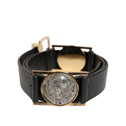 Dolce & Gabbana Black Leather Gold Silver Coin Buckle Belt showcasing coin medallion on black leather strap.