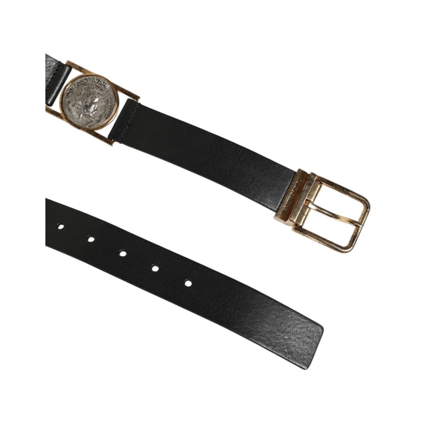 Dolce & Gabbana Black Leather Gold Silver Coin Buckle Belt with classical motifs on rich black calf leather.