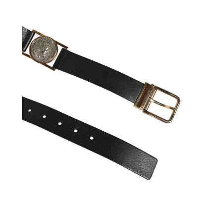 Dolce & Gabbana Black Leather Gold Silver Coin Buckle Belt with classical motifs on rich black calf leather.